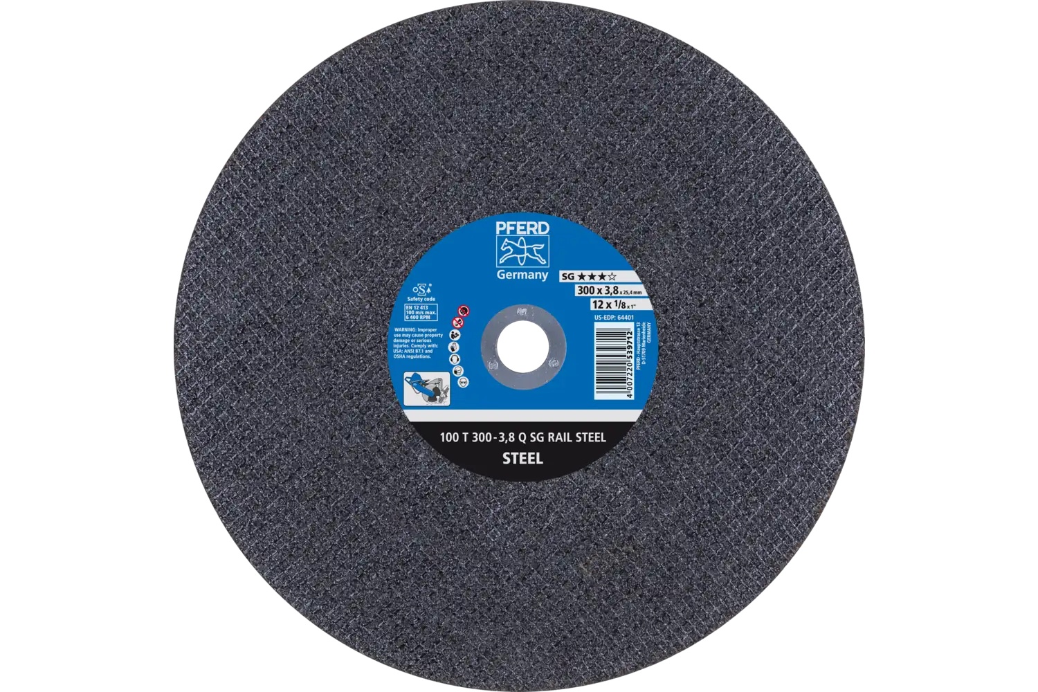 Picture of Pferd Large Diameter Cut-Off Wheel 12" X 7/64 X 1, Sg Rail Steel, Q, Aluminum Oxide